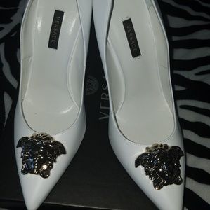 White Versace Pumps with gold Medussa